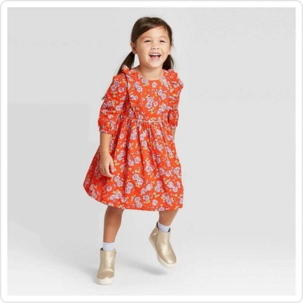 OshKosh B’gosh Toddler Girl Floral Dress Orange Pink 2T Long Sleeve